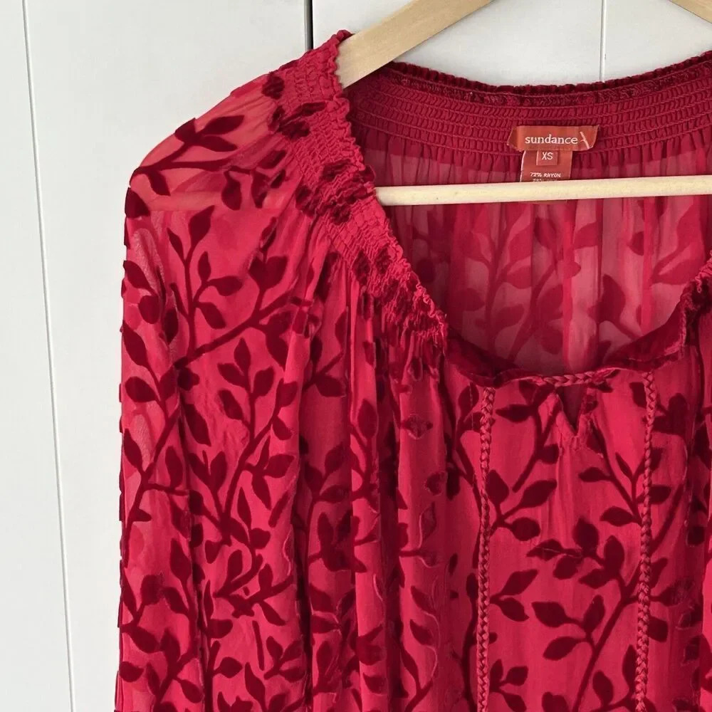 Sundance Velvet Burnout Top Size XS Red Floral Print Tassel Tie Peasant Holidays - Picture 3 of 6